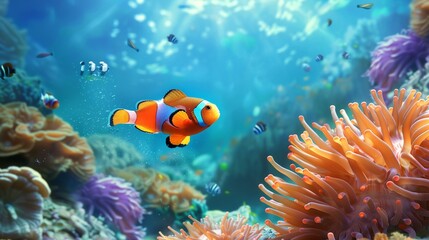 Fototapeta na wymiar Cute anemone fish playing on the coral reef, beautiful color clownfish on coral reefs, anemones on tropical coral reefs