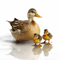 Obraz premium Clip art of a Cute brown duck -mother with 2 ducklings, looking after her kids. Concept of motherhood, love, protection. Isolated on white backround