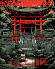 A stylized artwork of a Japanese torii gate at sunset, radiating a mystical aura.