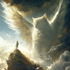Fantasy painting of a white cat with giant wings in the clouds and a person standing on top of a mountain - obrazy, fototapety, plakaty