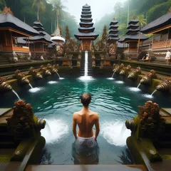 Wandcirkels aluminium  Man in holy spring water temple in bali. The temple compound consists of a petirtaan or bathing structure, famous for its holy spring water © Lab