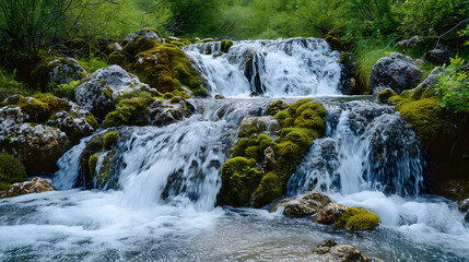 The dynamic flow of waterfalls over moss-covered boulders, showcasing the harmonious interplay of water and greenery