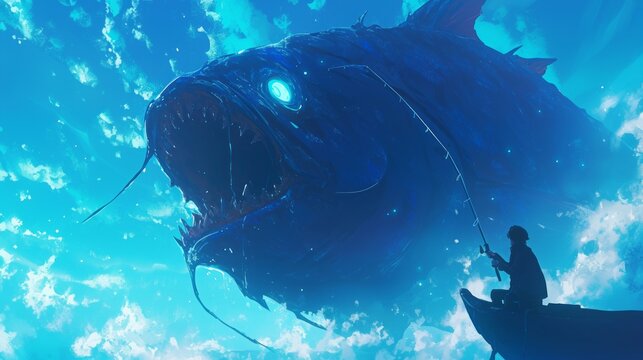 Man fishing a giant scary fish in the blue sky, fantasy wallpaper