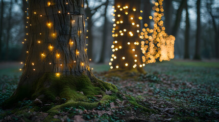 Whimsical woodlands with fairy lights amidst mossy trees, infusing the scene with an enchanted glow