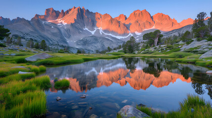 The lustrous twilight reflections on mountain lakes, capturing the ethereal glow that defines the alpine scenery - obrazy, fototapety, plakaty