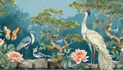 Obraz na płótnie Canvas Chinoiserie Splendor: Vintage Botanical Garden Treasures