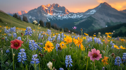The ephemeral evening glow on alpine meadow wildflowers, highlighting the delicate blooms against the mountain backdrop - obrazy, fototapety, plakaty