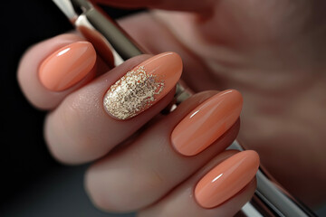A woman's hand holding a makeup brush, with short nails in a peach color and a gold glitter accent on her ring finger - obrazy, fototapety, plakaty