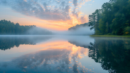 The ethereal morning mist hanging over a reflective, glassy lake, creating a tranquil mirage in the early hours