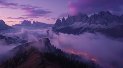 Mountains in fog on beautiful autumn night in Dolomites, Italy, landscape with alpine mountain valley, low clouds, forest, purple sky with stars, city lights at sunset, Passoggio aerial view