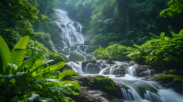 The dynamic flow of waterfalls through the lush and tropical jungle, showcasing the vibrant greenery surrounding cascading waters