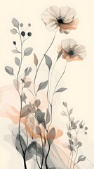 Delicate pastel flowers and leaves intertwine in a graceful dance, creating a serene and abstract botanical artwork.