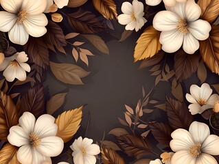 Elegant floral frame featuring white blossoms surrounded by golden and brown autumn leaves against a deep, dark backdrop, exuding luxury and sophistication.