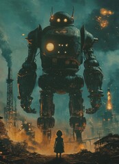 Fototapeta premium Painting of a little girl standing in front of a giant war robot