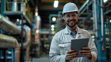 Experienced engineer in hard hat using a tablet, standing in an industrial plant with machinery in the background