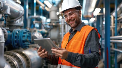 Experienced engineer in hard hat using a tablet, standing in an industrial plant with machinery in the background
