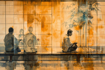 A bamboo screen in a traditional teahouse. The aroma of freshly brewed tea fills the air. - obrazy, fototapety, plakaty