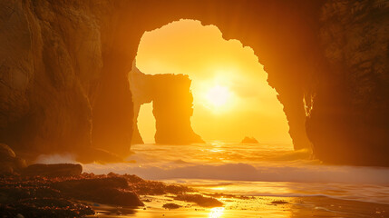Surreal scenes with coastal rock arch silhouettes against the setting sun, combining natural wonders with atmospheric lighting - Powered by Adobe