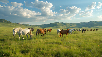 The beauty of majestic meadows with wild horses grazing in vast grasslands, portraying an equine symphony