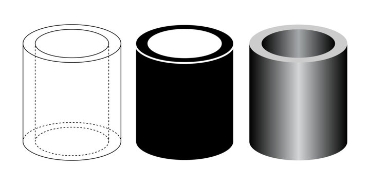 Right circular hollow cylinder orcylindrical shell shape set isolated on white background