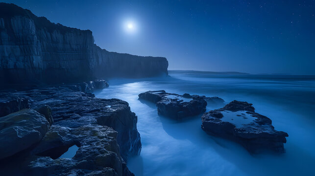 Moonlit coastal cliffs with luminescent tide pools, creating a scene of nocturnal beauty by the sea