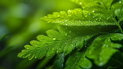 Macro details of raindrop-covered fern fronds, revealing the intricate beauty of these ancient and verdant plants