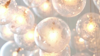A unique chandelier made from delicate glass orbs filled with tiny glowing creatures. The soft light emitted from each orb creates an enchanting and dreamlike atmosphere as