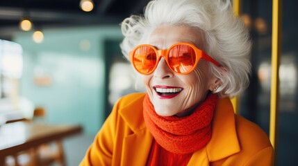 Happy senior woman in colorful orange outfit, cool sunglasses. In fashion studio