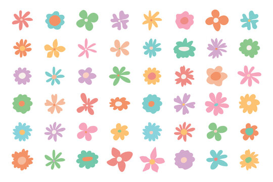 Trendy set of flower icons. Colorful collection of spring doodles in pastel colors. Flowers for design.