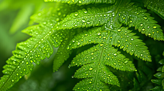 Macro details of raindrop-covered fern fronds, revealing the intricate beauty of these ancient and verdant plants