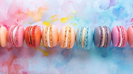 Row of bright macarons with different colors on pastel watercolor background with artistic gradient...