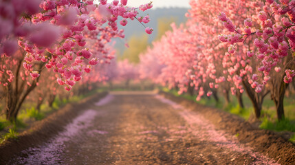 Blossoming orchards with rows of fruit trees in full spring bloom, capturing the euphoria of orchard landscapes