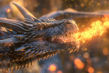 A dragon breath, captured mid-exhale. Flames emerge from its jaws, each flicker meticulously detailed.