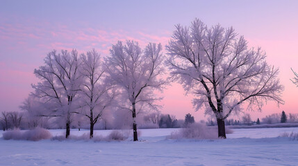 Achromatic silhouettes of winter trees against the soft hues of twilight, conveying the serene beauty of a cold evening