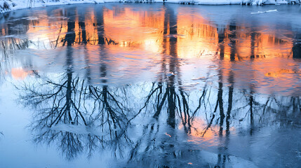 Abstract patterns in reflections of sunset on ice-covered lakes, combining the warmth of evening...