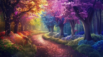A walk through an unusual and beautiful spring fantasy forest with views of colorful trees.Ai generated