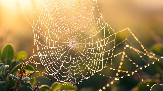 Abstract patterns in dew-kissed cobwebs at dawn, revealing the intricate structures of spider silk adorned with morning droplets