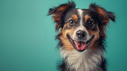 Medium-sized mixed breed dog with a primarily brown, white, and black coat, wearing a bright smile - obrazy, fototapety, plakaty