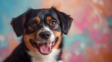 Medium-sized mixed breed dog, displaying a blend of predominantly brown, white, and black fur, wearing a cheerful smile - obrazy, fototapety, plakaty