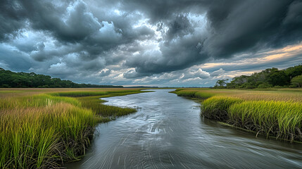 The drama of stormy skies over coastal marshlands, emphasizing the contrast between turbulent weather and serene wetlands - obrazy, fototapety, plakaty