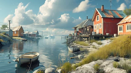 Fotobehang Reinefjorden vintage film reverie into coastal fishing hamlet scenes, evoking a sense of maritime nostalgia
