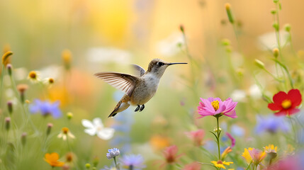 Whimsical scenes in wildflower meadows, capturing the playful interaction between vibrant blooms and hovering hummingbirds