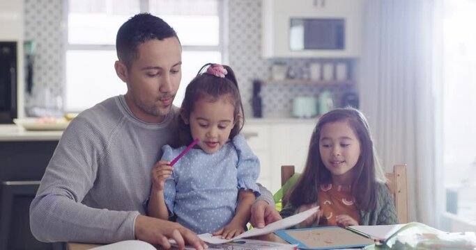 Home school, father and children with paper for education or teaching kids drawing in kitchen with family together. Art, creative girls learning and dad support studying or parent help for homework