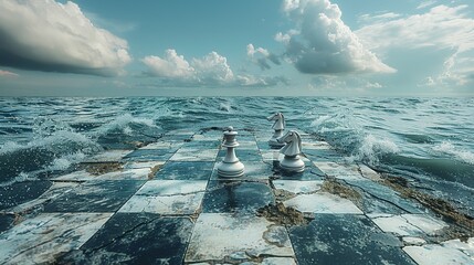 Surreal landscape of a broken chessboard floating over an endless sea, with pieces slowly sinking, representing strategic loss and contemplation - obrazy, fototapety, plakaty