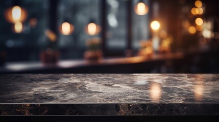 Modern empty dark marble table top or kitchen island on blurry bokeh kitchen