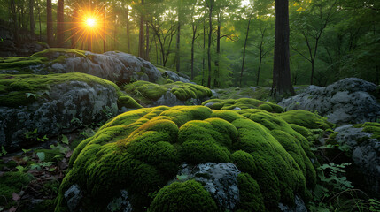 The enchanting world of moss-covered boulders as twilight sets in, creating a magical ambiance in the natural landscape