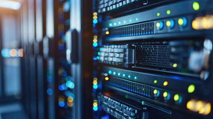 Naklejka premium Data Center Interior, Close-Up View of Server Room Equipment