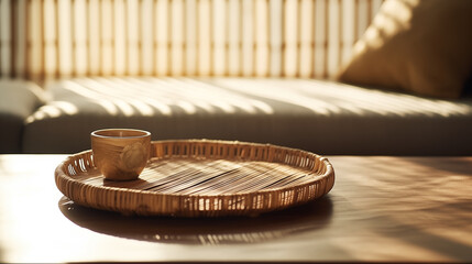 Wooden Tray with Soft Morning Sunlight, Japanese Bright Theme. Generative AI. - obrazy, fototapety, plakaty