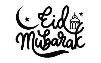 Eid Mubarak Black and White typography, Vector calligraphy  for your design. Eid Mubarak For greeting cards, posters, templates for paper cutout, laser cutting, outline, black and white vector file