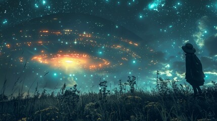 Little girl faces mysterious giant UFO in field at night, fantasy wallpaper
